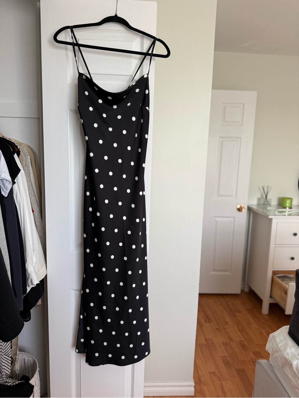 Joie Satin Cowl Neck Slip Midi Dress – Black & White Polka Dot – Size 6 (New)